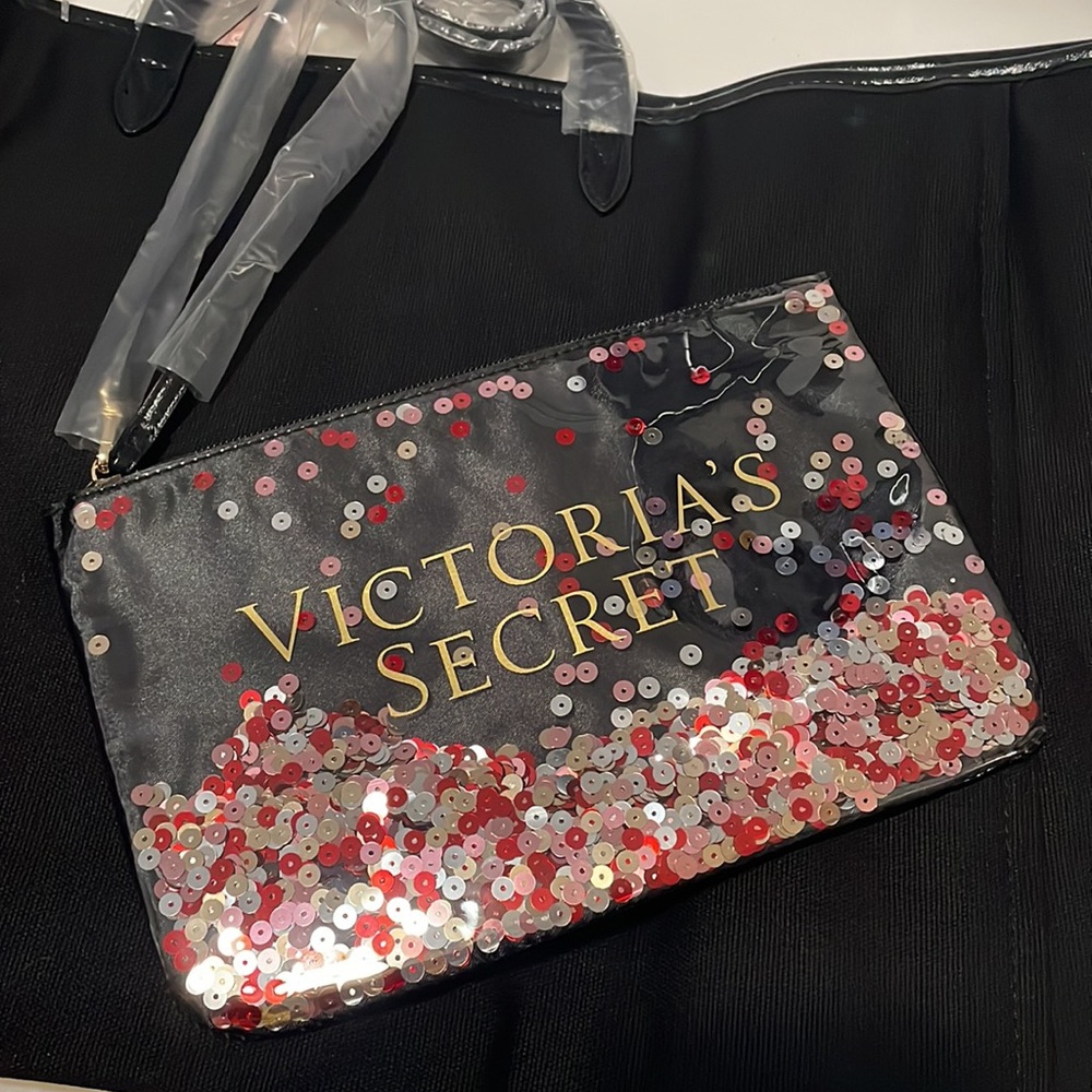 NWT Victoria Secret Sequin Stripped Tote Bag And Clutch - Picture 5 of 7
